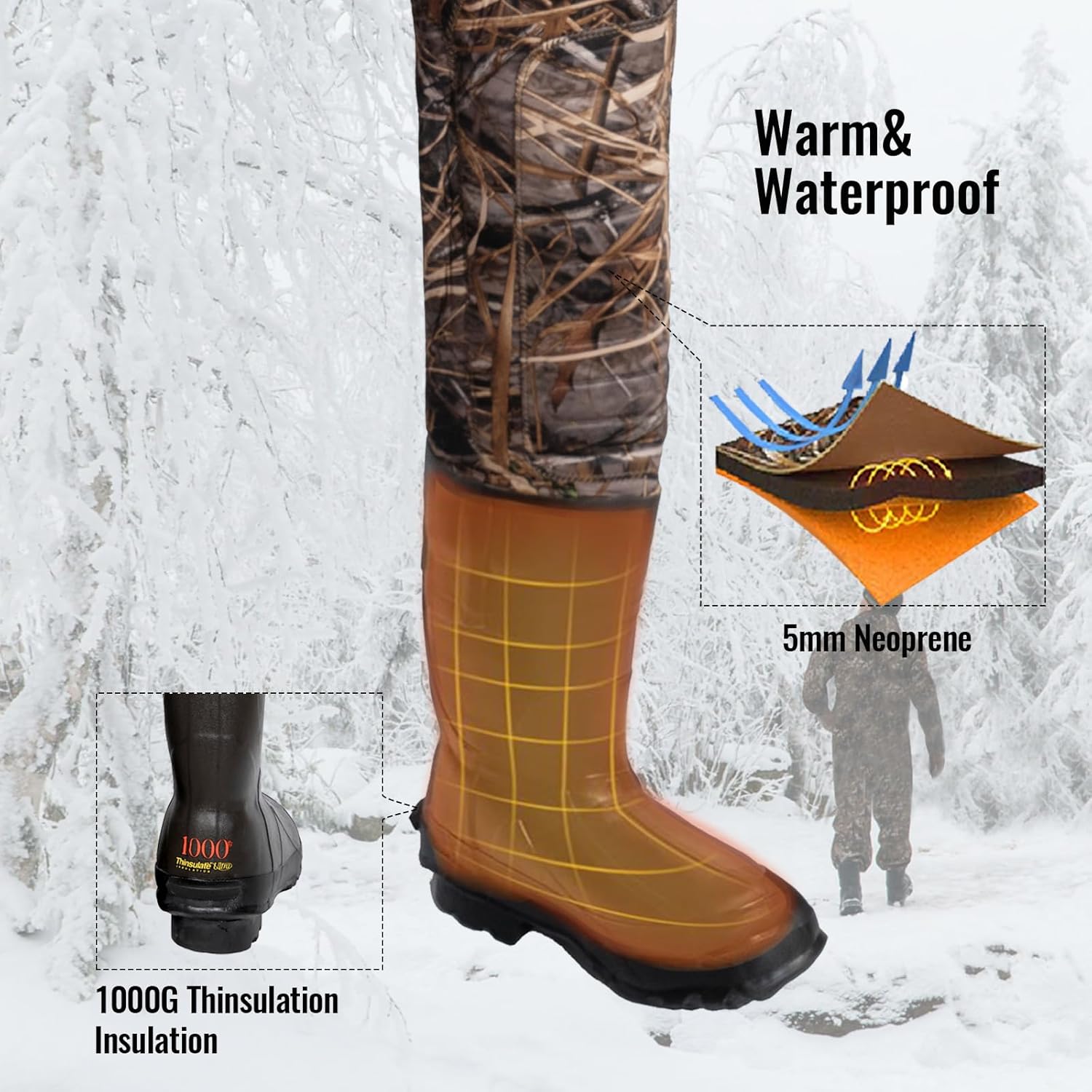 8 Fans Hunting Waders with 1000G Insulation Rubber Boots, Neoprene Chest Wader, Waterproof Bootfoot Waders for Men & Women - Image 3