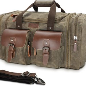 Duffle Bag for Travel, 50L Waterproof Waxed Canvas Genuine Leather Weekender Overnight Bag Vintage Travel Hand Bag Carry on Bag