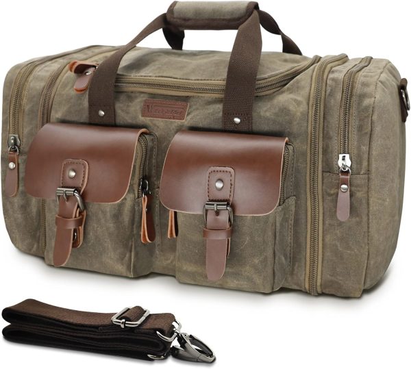 Duffle Bag for Travel, 50L Waterproof Waxed Canvas Genuine Leather Weekender Overnight Bag Vintage Travel Hand Bag Carry on Bag